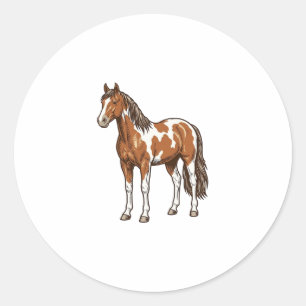 Adesivo Redondo Desenho Vetorial de Cavalo Pinto Gravado Antigo_1
