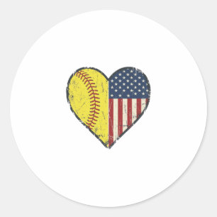 Adesivo Redondo Desenho Vetorial Vintage Coração de Softbol Patrió