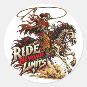Adesivo Redondo Desenho Western Cowboy Esqueleto Cavalgar Além dos
