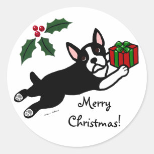 Adesivo Redondo Desenhos animados do Natal 2 de Boston Terrier