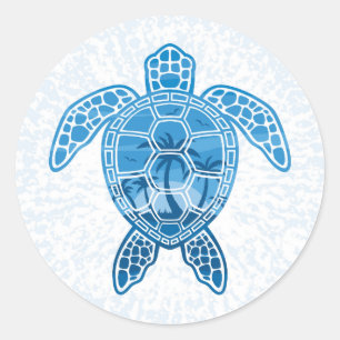 Adesivo Redondo Design azul de Tartaruga Marinha Tropical