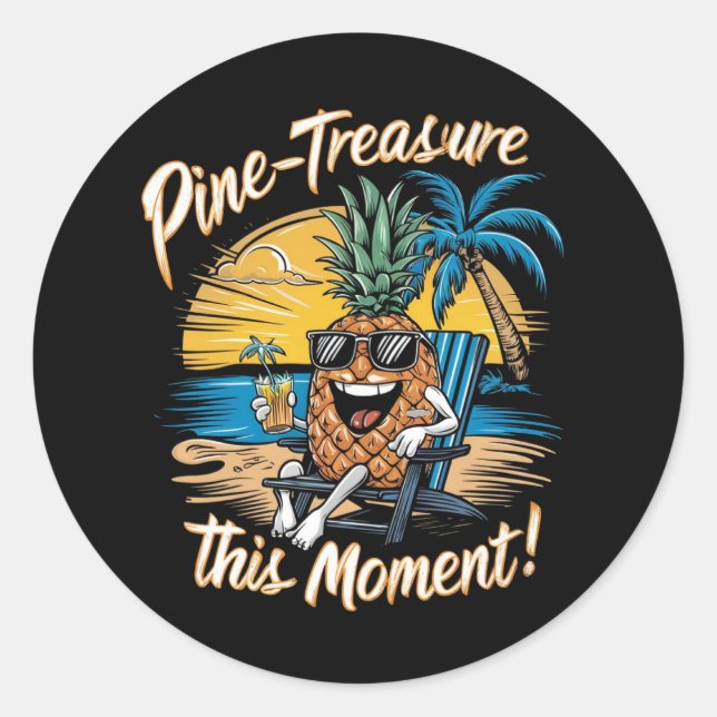 Adesivo Redondo Design com abacaxi em praia (Frente)