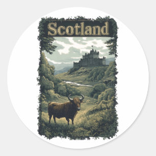 Adesivo Redondo Design da Escócia: Highland Cow, Castle e Scenery