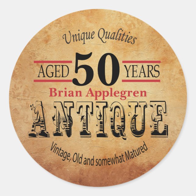 Adesivo Redondo Design de Aniversário com Idade, Antiguidade e Vin (Frente)