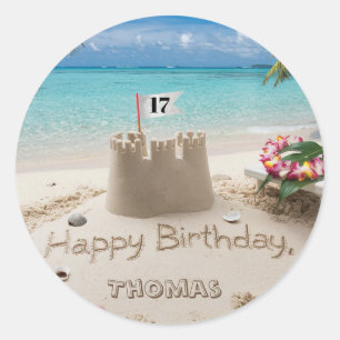 Adesivo Redondo Design de aniversário de praia personalizada
