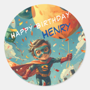 Adesivo Redondo Design de aniversário feliz super-herói para crian