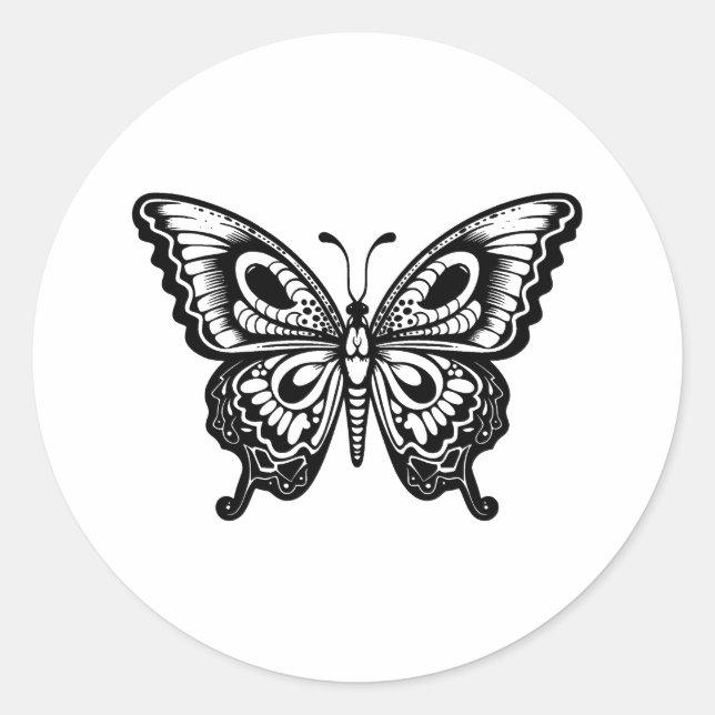 Adesivo Redondo Design de Borboleta Monocromática Elegante (Frente)