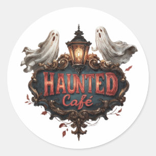 Adesivo Redondo Design de Café Vintage Haunted com Fantasmas e Lâm