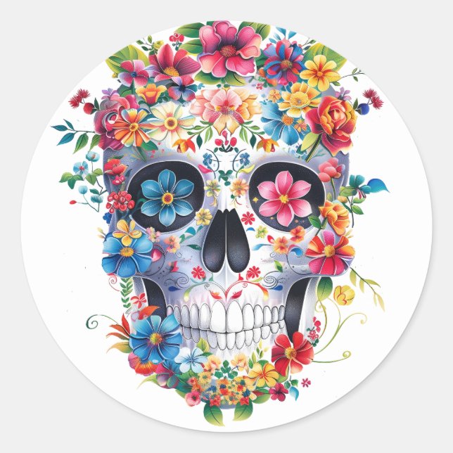 Adesivo Redondo Design de Caveira Floral (Frente)
