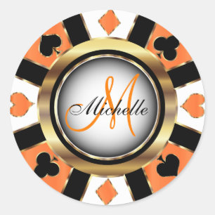 Adesivo Redondo Design de Chip Poker do Casino Laranja Monograma
