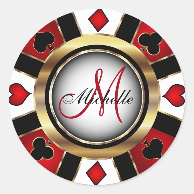 Adesivo Redondo Design de Chip Poker do Casino Vermelho Monograma (Frente)