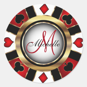 Adesivo Redondo Design de Chip Poker do Casino Vermelho Monograma