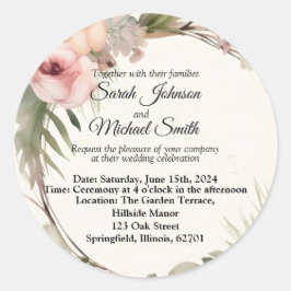 Adesivo Redondo Design de convite de casamento floral, romântico