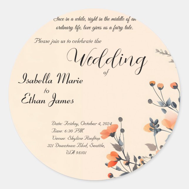 Adesivo Redondo Design de convite romântico floral suave (Frente)