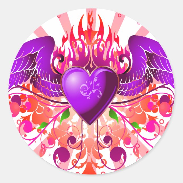 Adesivo Redondo Design de Coração Asas Roxo (Frente)