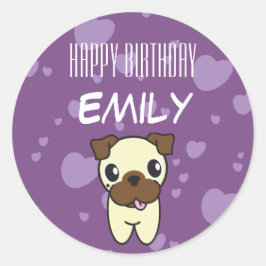 Adesivo Redondo Design de Coração Púrpura Super-Cute Pug