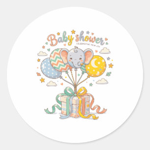 Adesivo Redondo Design de Elefante Fofo e Balões para Chá de Bebê