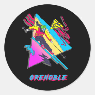 Adesivo Redondo Design de Esqui Vibrante com Texto de Grenoble Ski