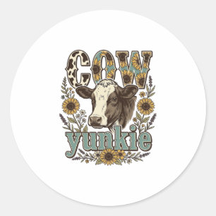 Adesivo Redondo Design de Fazenda de Girassóis Cow Yunkie Vintage_