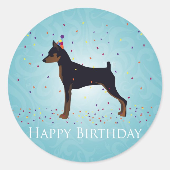 Adesivo Redondo Design de Feliz Aniversário de Miniatura Pinscher (Frente)