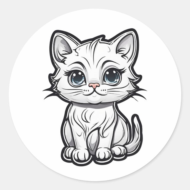 Adesivo Redondo Design de Gato Branco Adorável para Gatos (Frente)