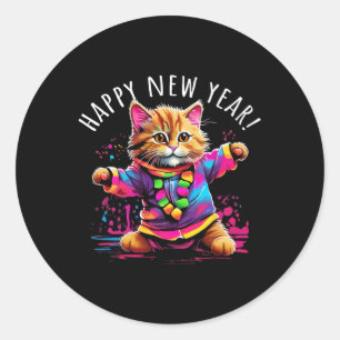 Adesivo Redondo Design de Gato Dançante de feliz ano novo