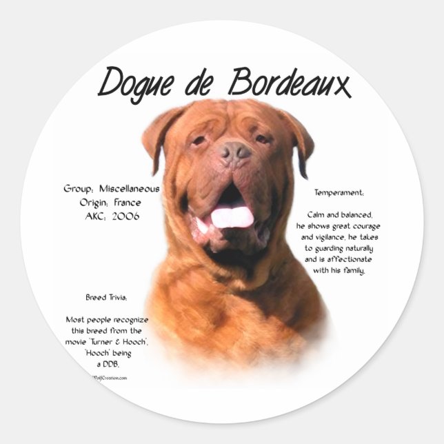 Adesivo Redondo Design de História do Dogue de Bordeaux (Frente)