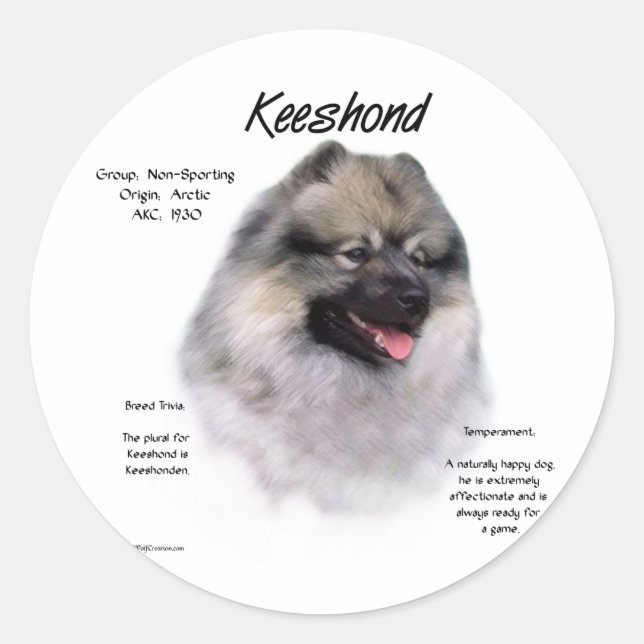 Adesivo Redondo Design de Histórico de Keeshond (Frente)