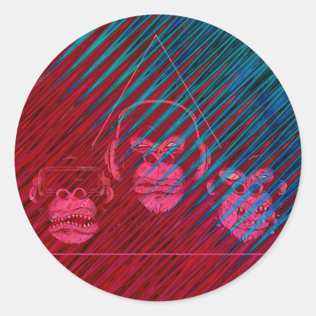 Adesivo Redondo Design de jogos de vídeo de três macacos (Frente)