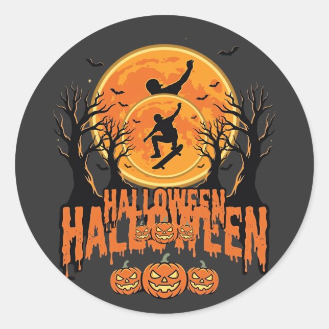 Adesivo Redondo Design de Lua de Skateboard de Halloween (Frente)