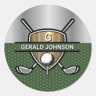 Adesivo Redondo Design de Monograma de Golfe Escudo Dourado Elegan