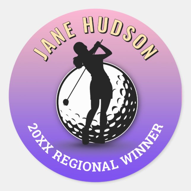 Adesivo Redondo Design de Monograma de Golfer de Mulheres Elegante (Frente)