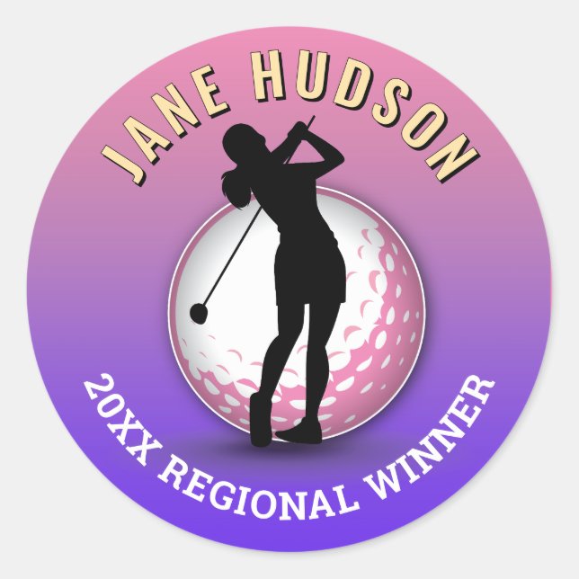 Adesivo Redondo Design de Monograma de Golfer de Mulheres Elegante (Frente)