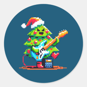 Adesivo Redondo Design de Natal da Árvore de Natal de 8 bits