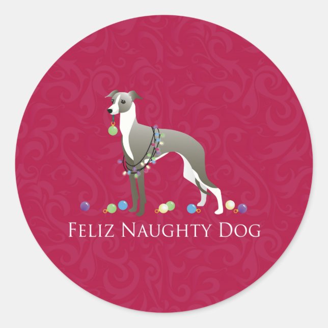 Adesivo Redondo Design de Natal de Greyhound Italiano (Frente)