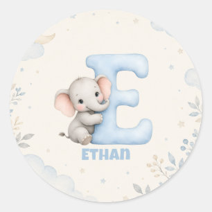 Adesivo Redondo Design de Nome de Elefante Bebê Letra E Personaliz