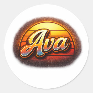 Adesivo Redondo Design de Nome Personalizado Pôr do Sol Retro Ava