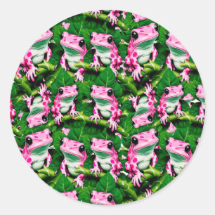 Adesivo Redondo Design de padrão com sapo rosa em folha verde