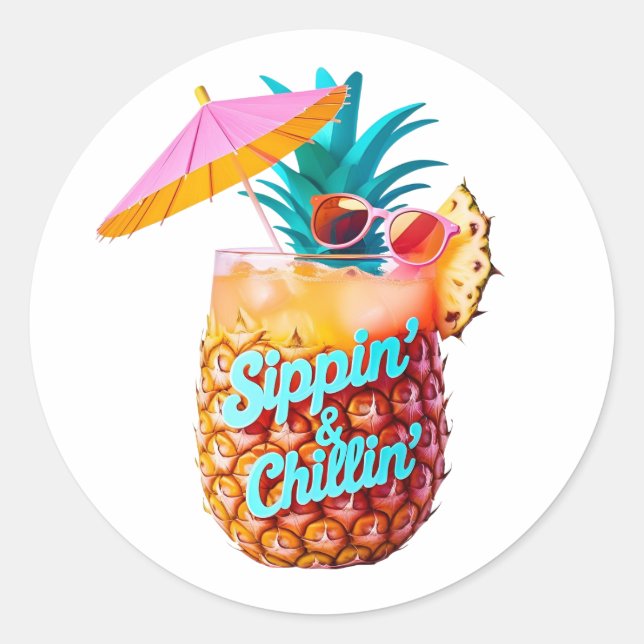 Adesivo Redondo Design de Partido Tropical de Sippin e Chillin (Frente)
