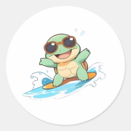 Adesivo Redondo Design de Praia de Verão de Tartaruga Surfista Chi