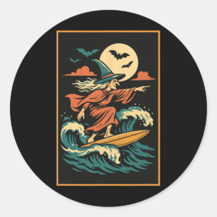 Adesivo Redondo Design de Surf de Bruxa – Praia Mágica da Lua Trop