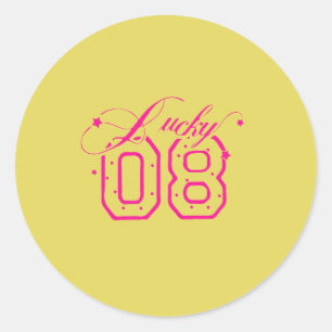 Adesivo Redondo Design de Tipografia Neon Rosa Lucky 08