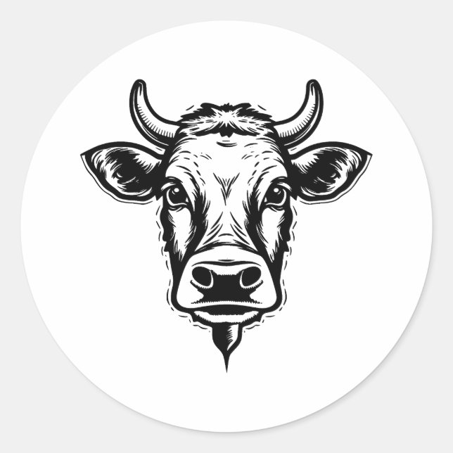 Adesivo Redondo Design de Vaca Mínima BW (Frente)
