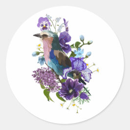 Adesivo Redondo Design de verão com pássaro e flores violetas.