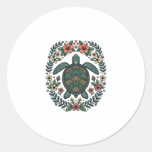 Adesivo Redondo Design de Vetor Floral de Tartaruga Marinha Vintag