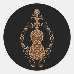 Adesivo Redondo Design de violino marrom intricado em preto