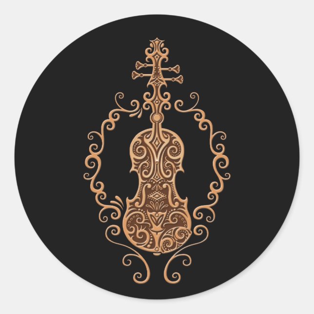 Adesivo Redondo Design de violino marrom intricado em preto (Frente)