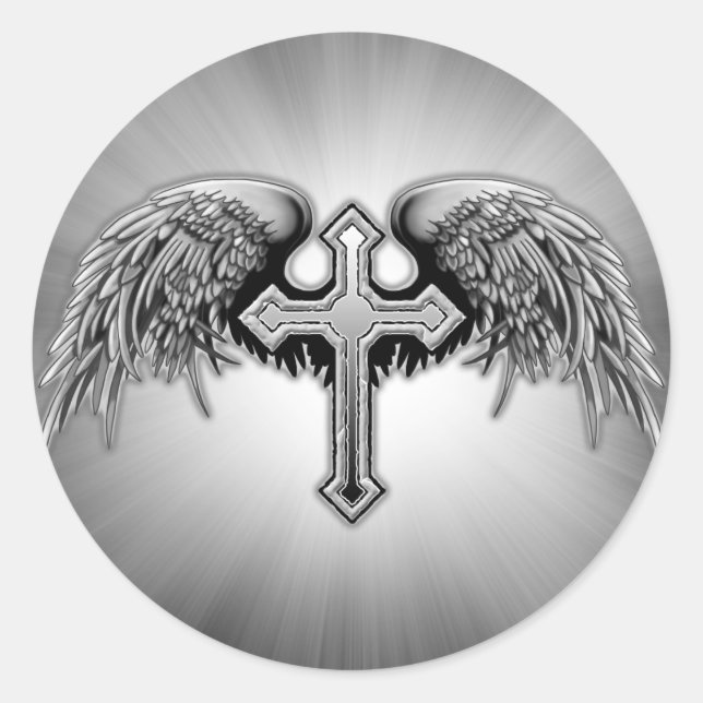 Adesivo Redondo Design do Guardian Angel Winged Cross (Frente)