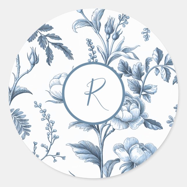 Adesivo Redondo Design floral azul e branco (Frente)