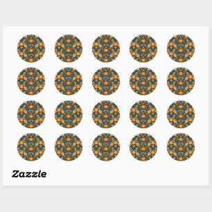Adesivo Redondo Design Floral Moderno de Laranja e Azul-Ciano